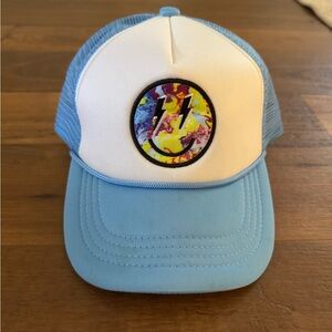 Light Blue Puffy Trucker Cap with Tie-Dyed Smiley Face Embroidery